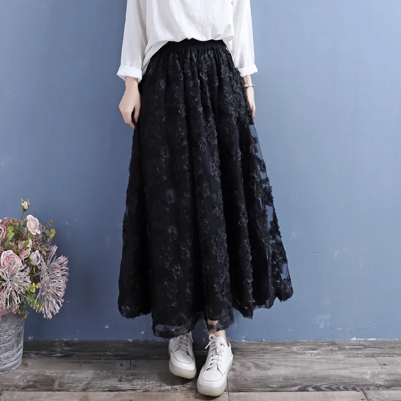 Double-Layer Flower Lace Mesh Cotton Linen Autumn Skirt