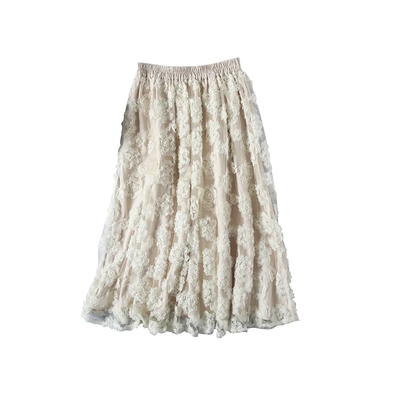 Double-Layer Flower Lace Mesh Cotton Linen Autumn Skirt