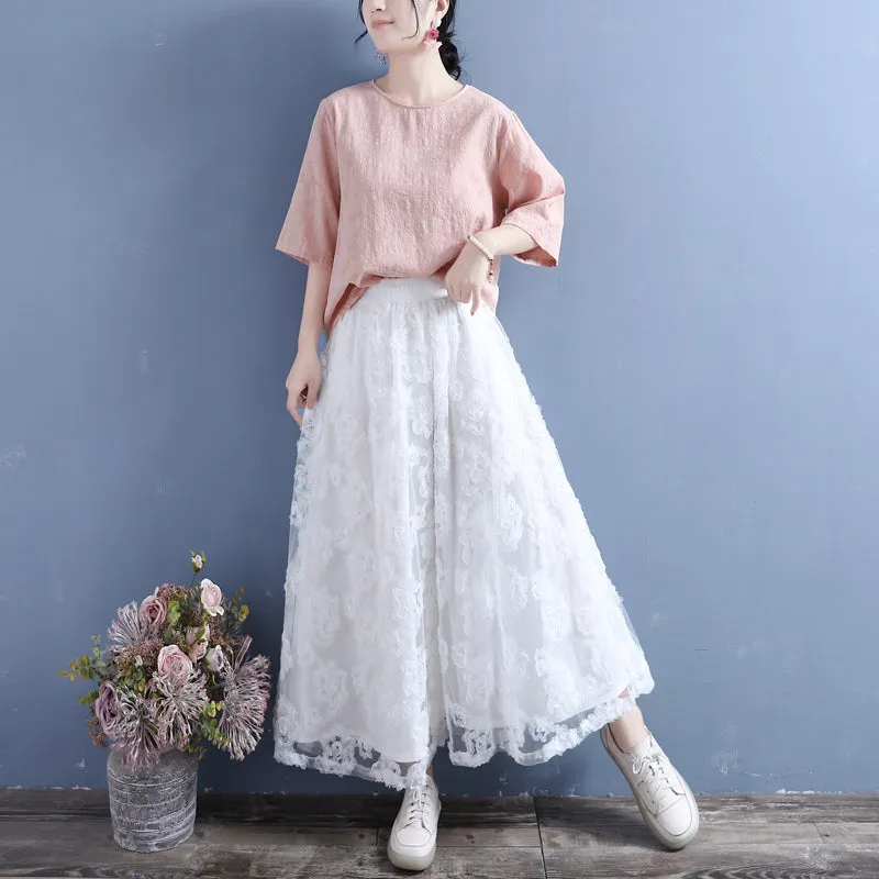 Double-Layer Flower Lace Mesh Cotton Linen Autumn Skirt