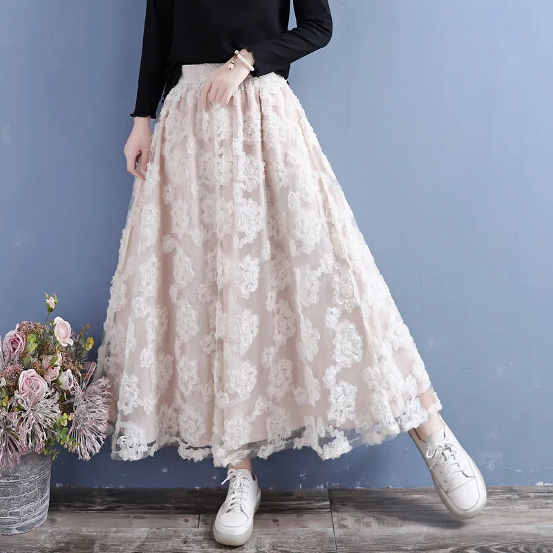 Double-Layer Flower Lace Mesh Cotton Linen Autumn Skirt