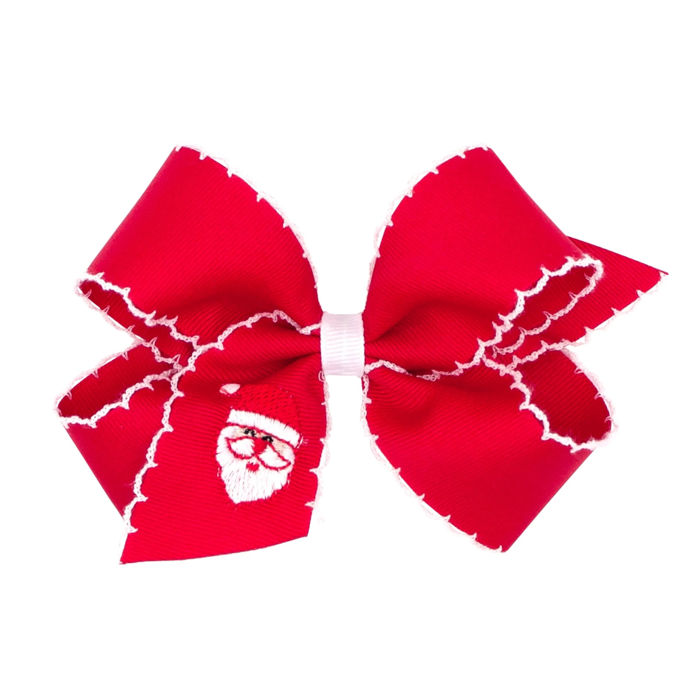 Embroidered Moonstitch Grosgrain Hair Bow on Clippie - Santa on Red