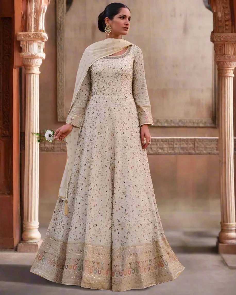 Embroidered Sequince Anarkali Suits White Wedding Wear