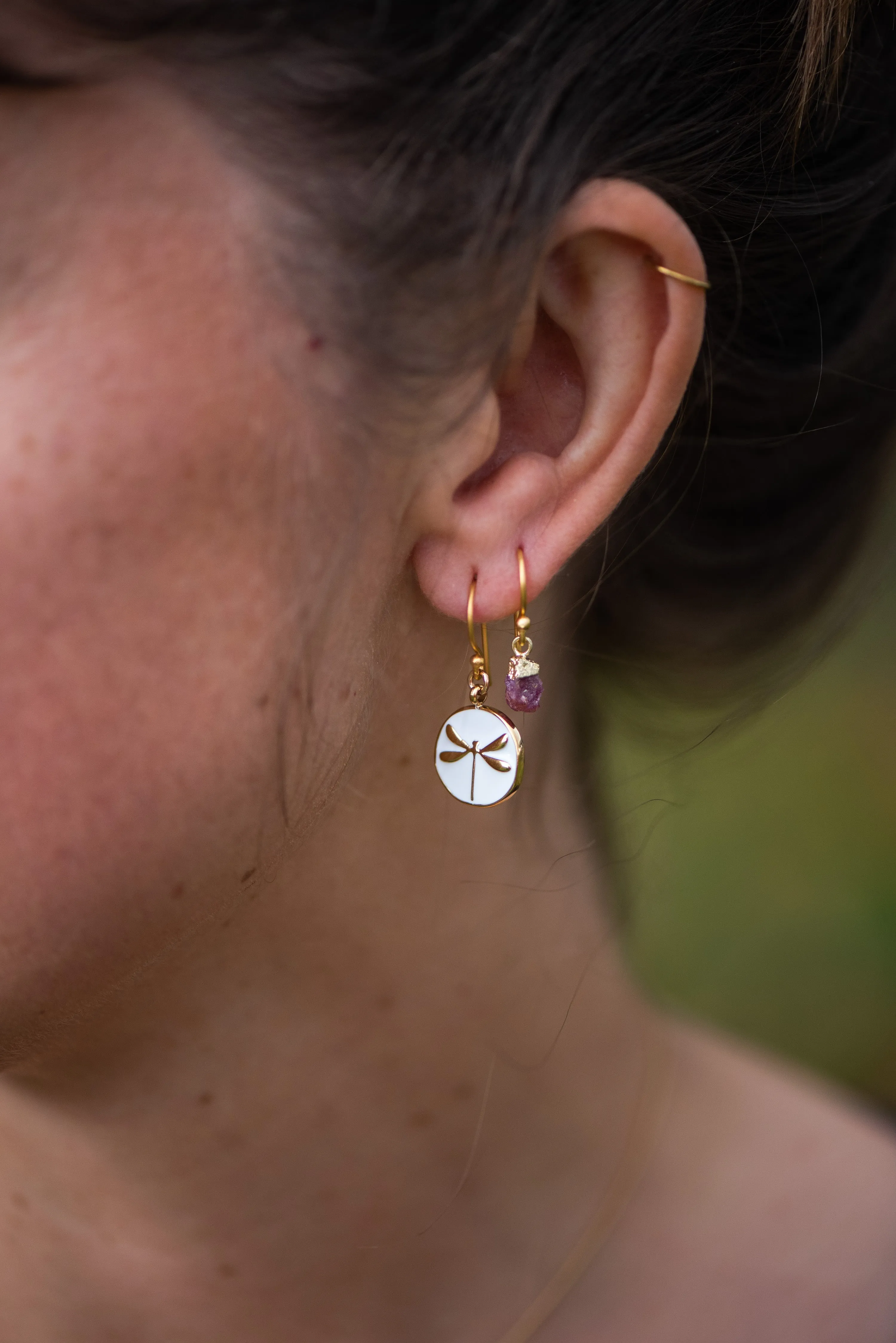 Enamel Charm Earrings - White Dragonfly