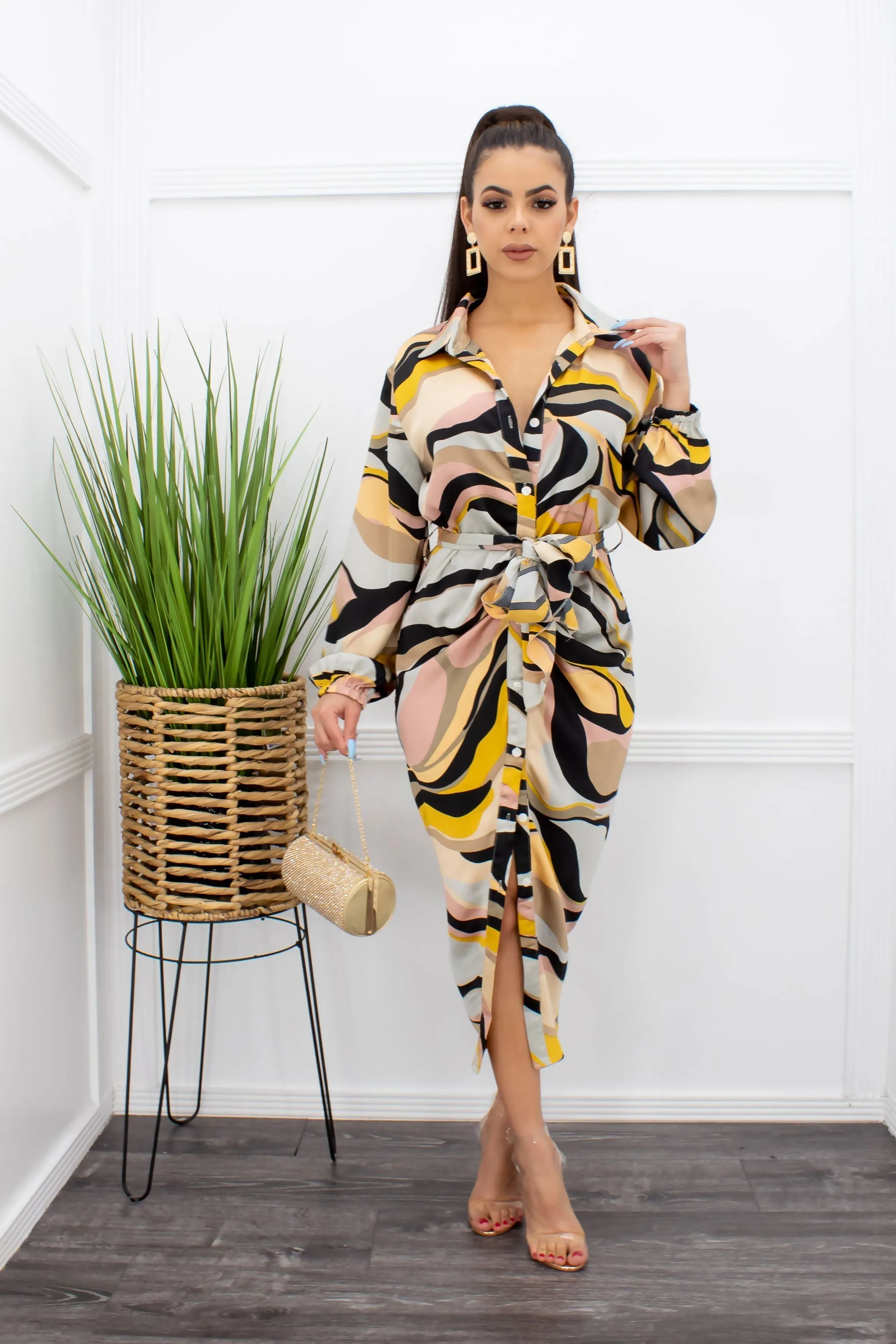 Evie Satin Long Sleeve Belted Midi Dress