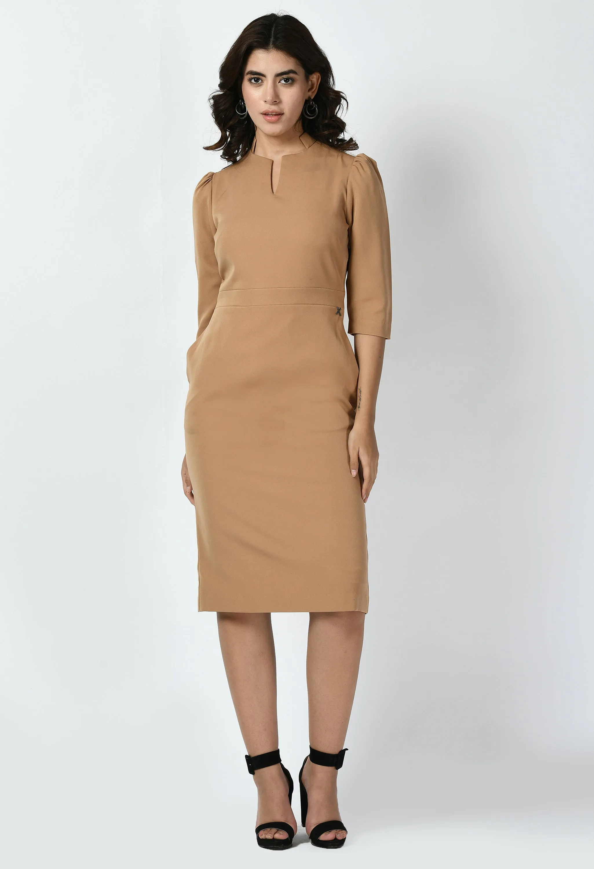 Exude Grace Puff Sleeves Sheath Dress (Beige)