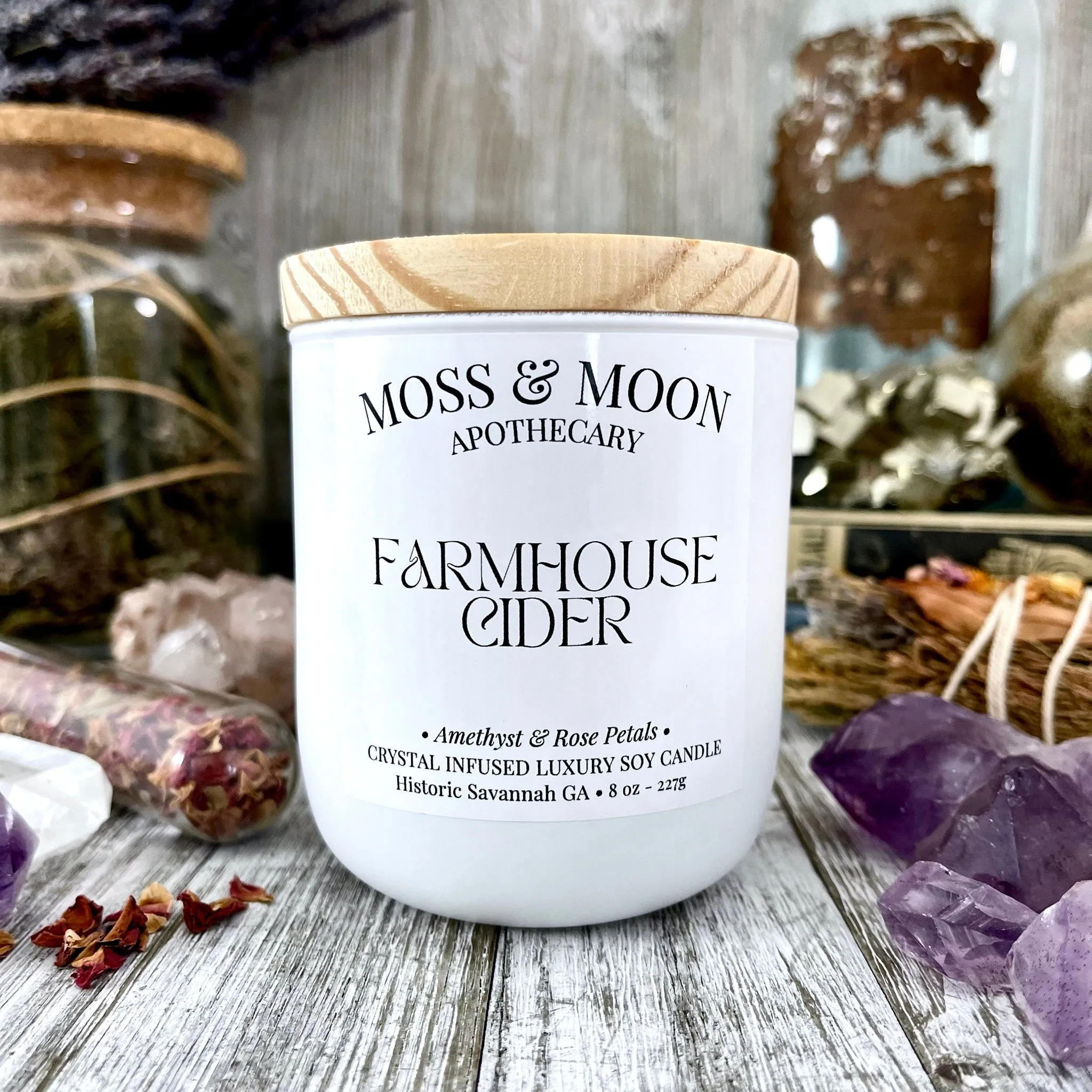 Farmhouse Cider Candle with Raw Amethyst  - Moss & Moon Apothecary Crystal Infused Luxury Soy Candle