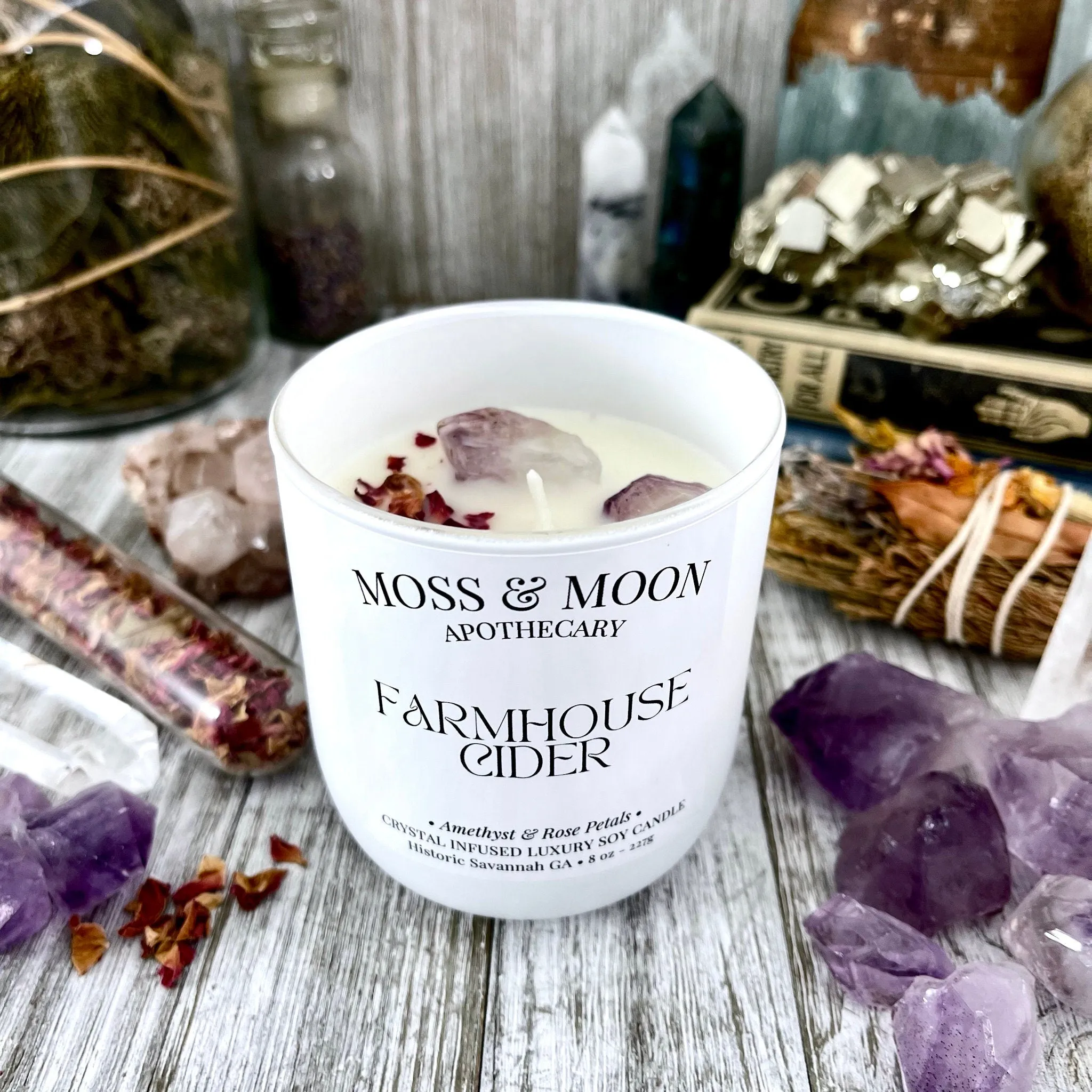 Farmhouse Cider Candle with Raw Amethyst  - Moss & Moon Apothecary Crystal Infused Luxury Soy Candle