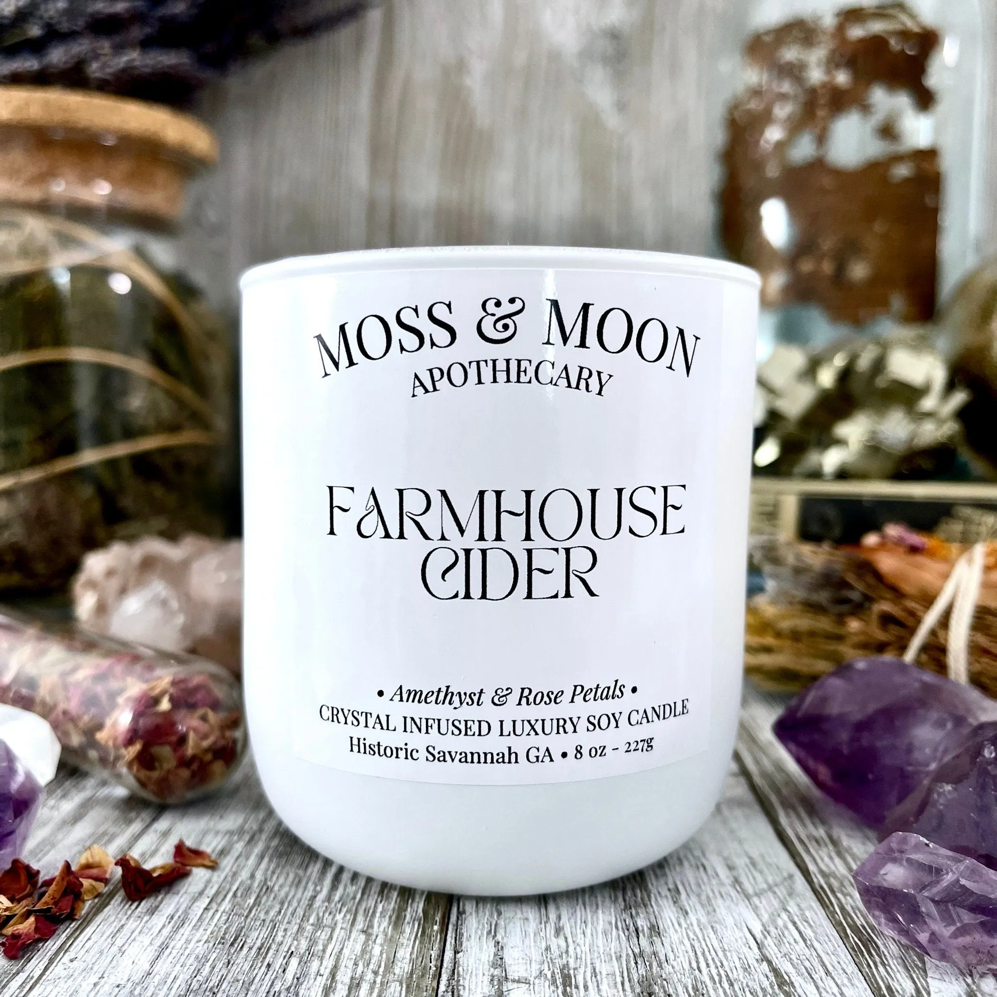 Farmhouse Cider Candle with Raw Amethyst  - Moss & Moon Apothecary Crystal Infused Luxury Soy Candle