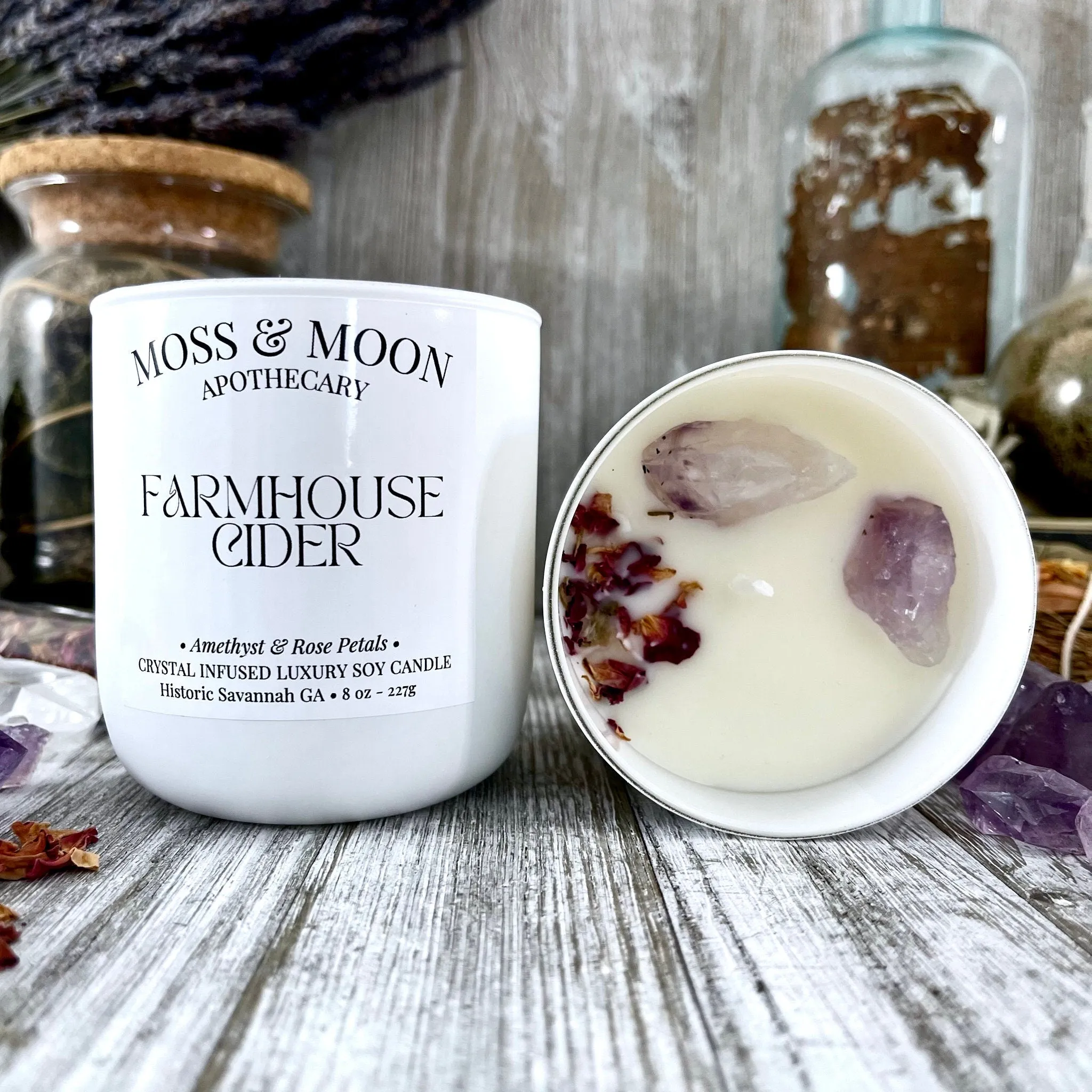 Farmhouse Cider Candle with Raw Amethyst  - Moss & Moon Apothecary Crystal Infused Luxury Soy Candle