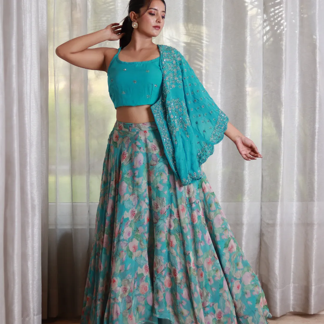 Ferozi Blue Embroidered Lehenga Set