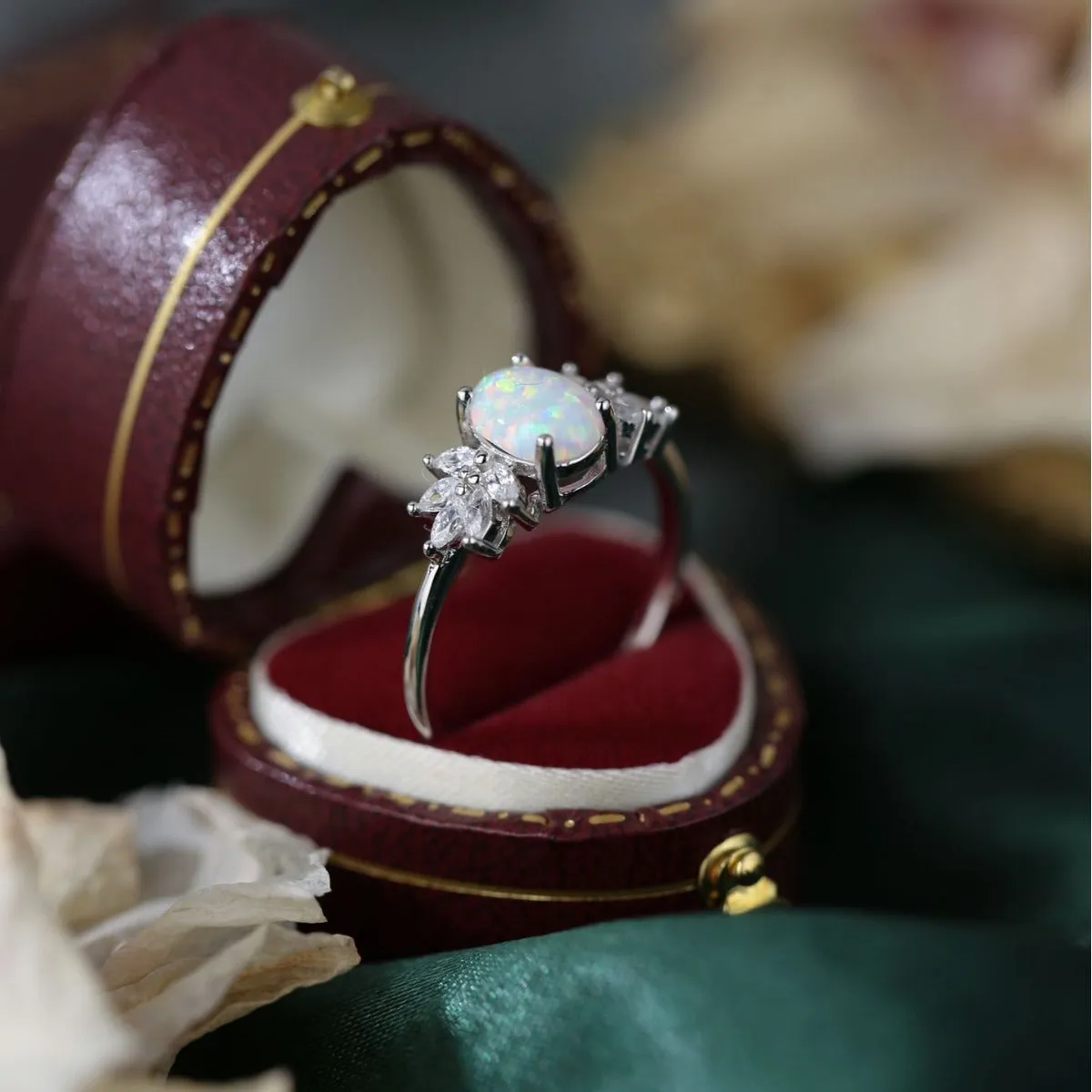 Flower Bloom Opal and Zircon Ring in Sterling Silver