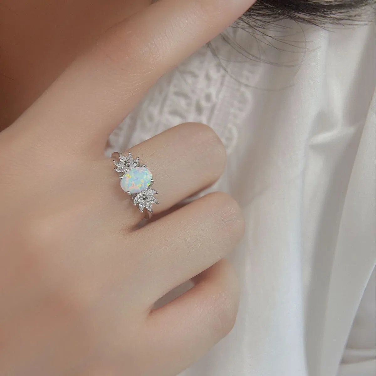 Flower Bloom Opal and Zircon Ring in Sterling Silver