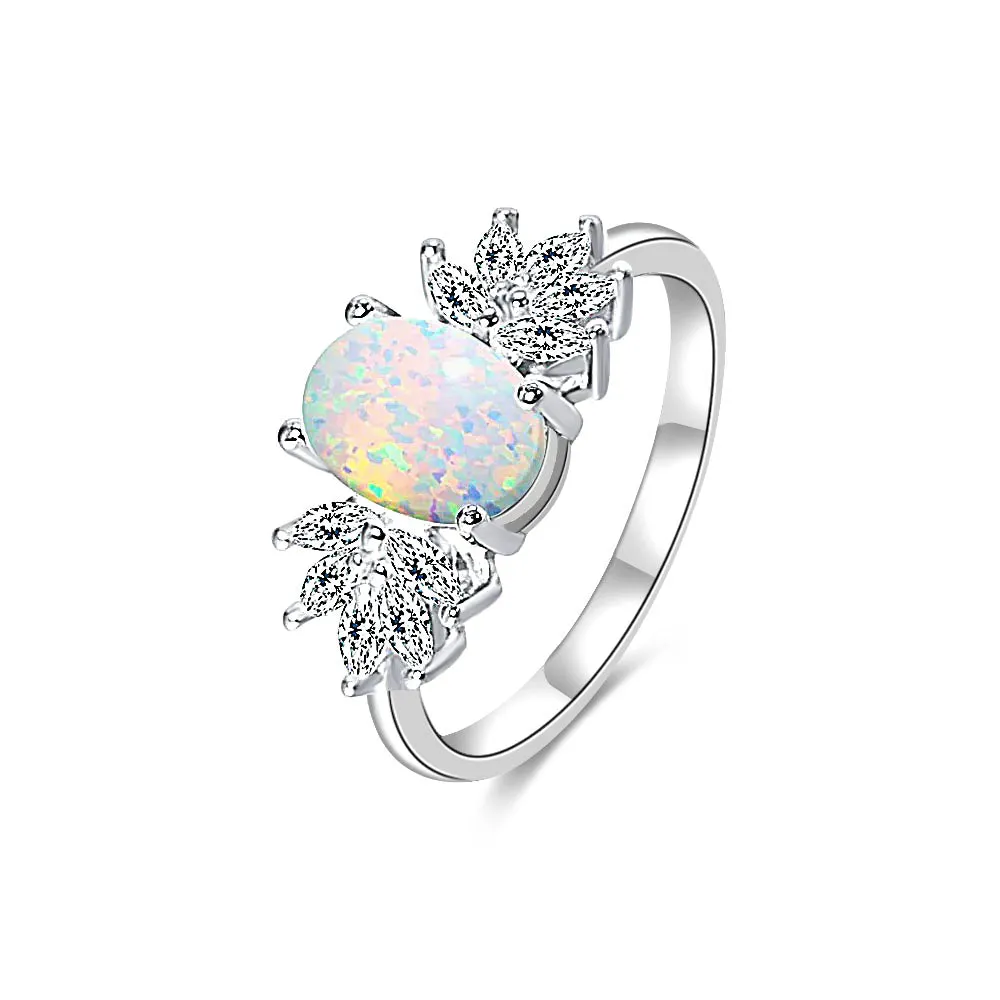 Flower Bloom Opal and Zircon Ring in Sterling Silver