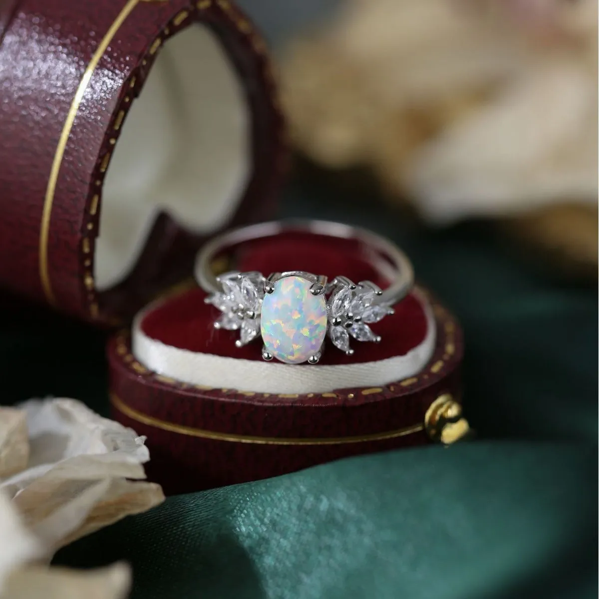 Flower Bloom Opal and Zircon Ring in Sterling Silver