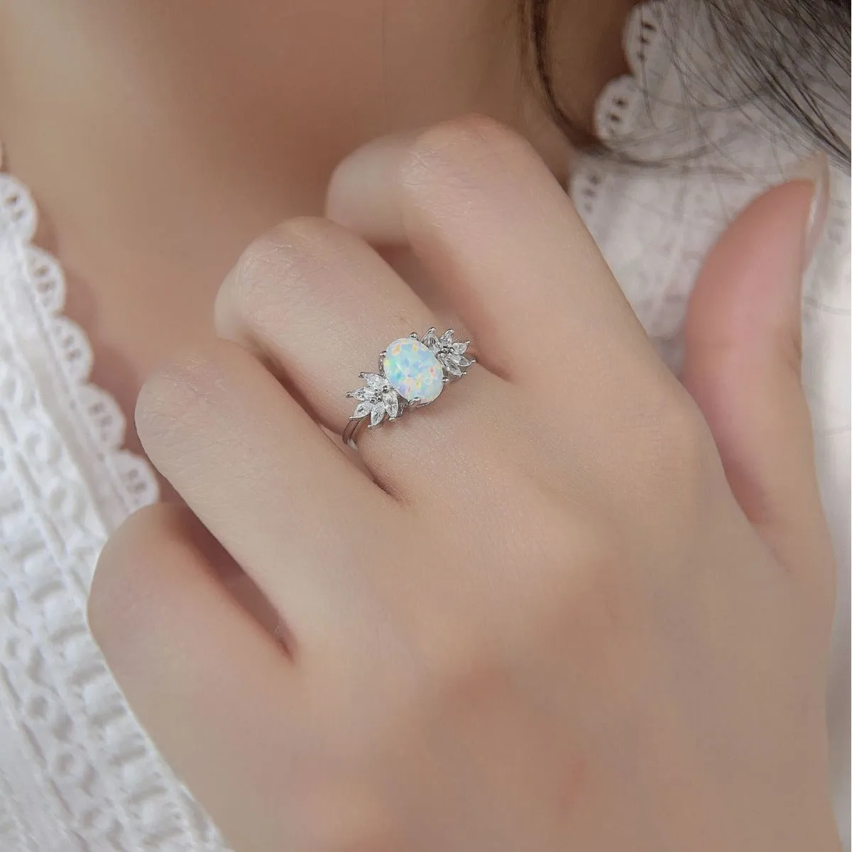 Flower Bloom Opal and Zircon Ring in Sterling Silver