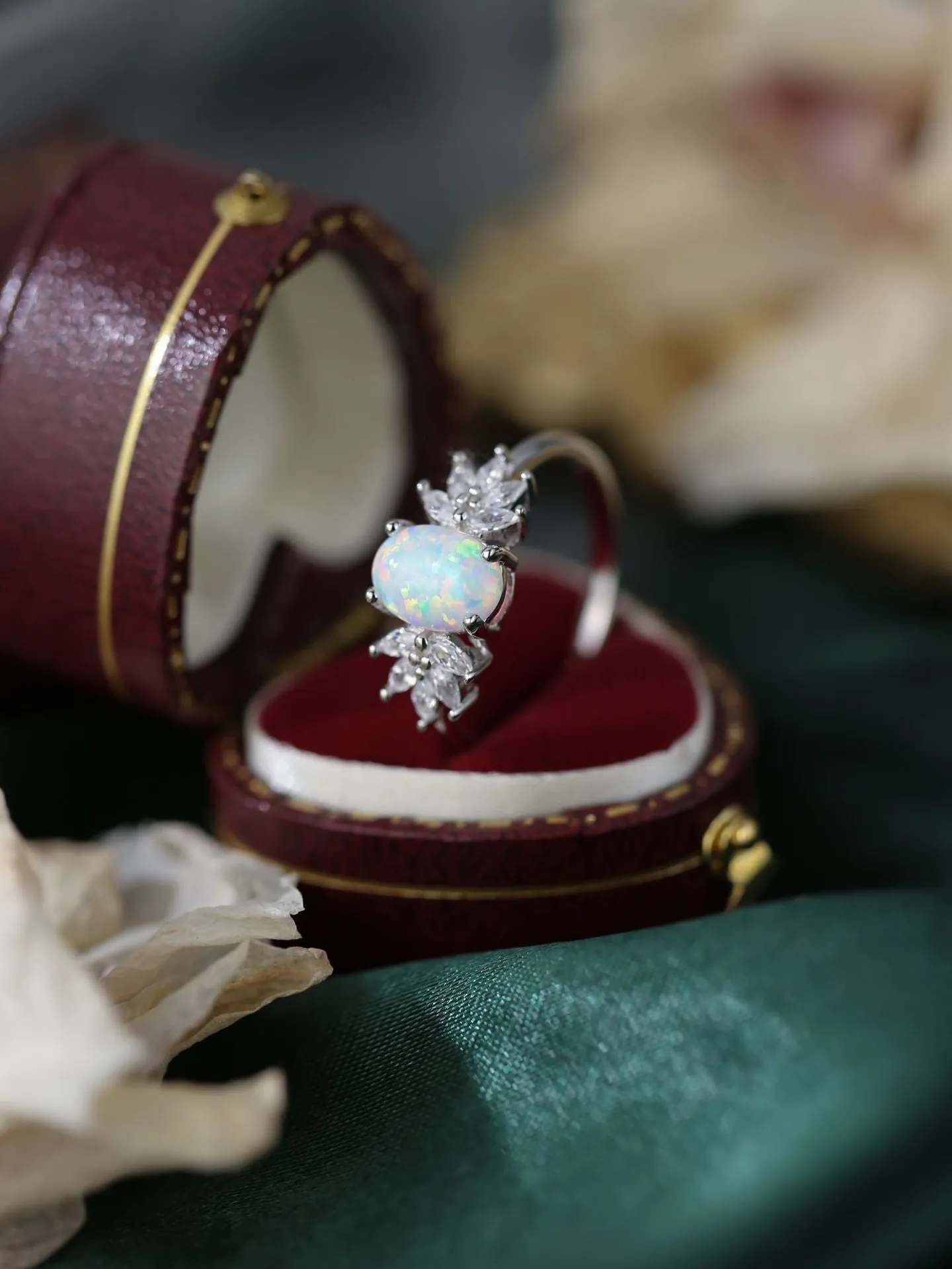 Flower Bloom Opal and Zircon Ring in Sterling Silver