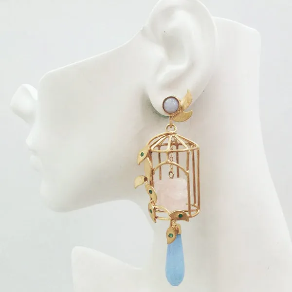 Gazebo Twinset Earrings with Blue Lace  Agate Studs with Detachable Dangles in a Birdcage Design with Green Agates, Rose Quartz Carved Rabbits & Light Blue Jade Drops