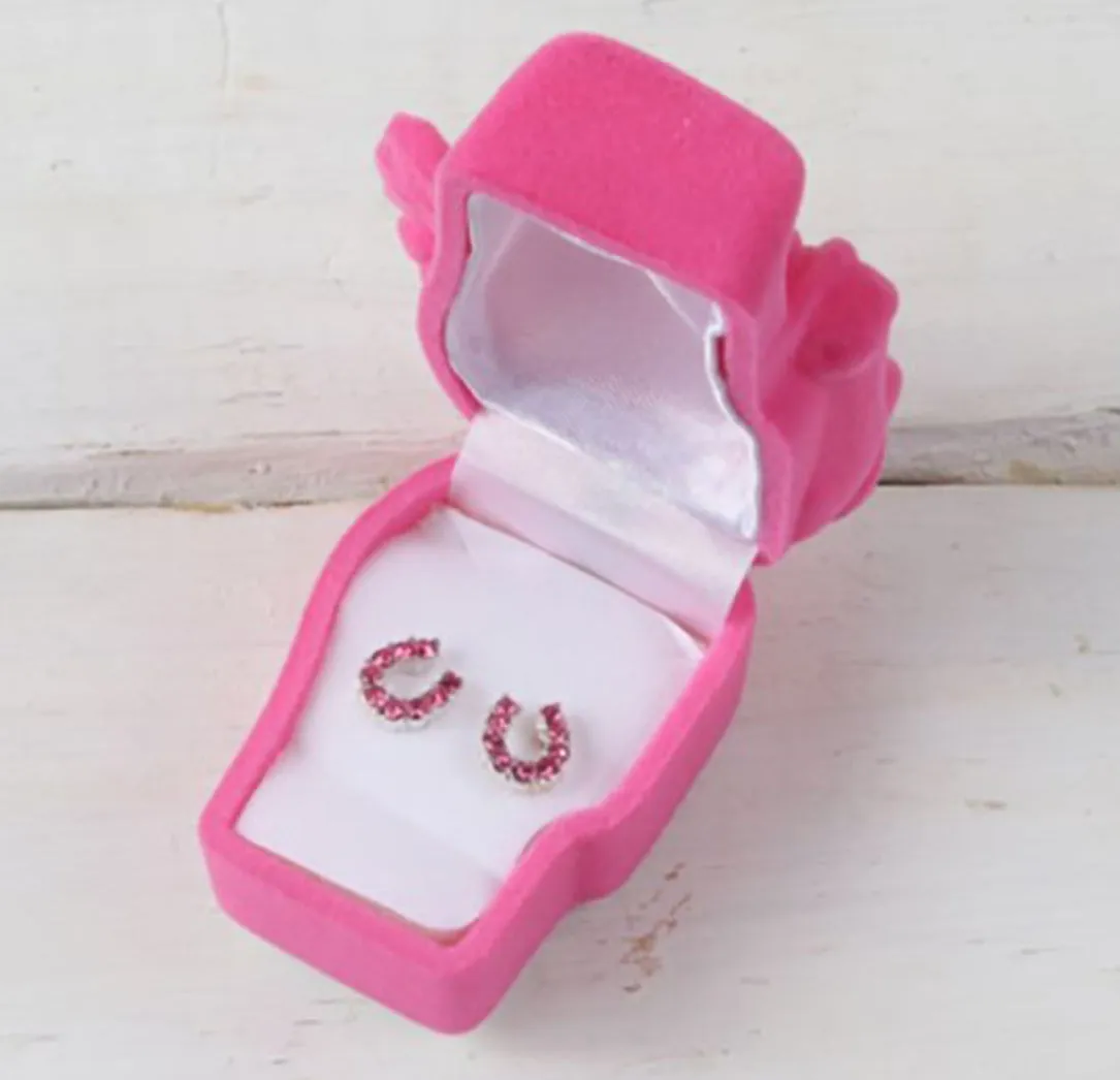 Girls pink Horseshoe earrings in Pink horse case