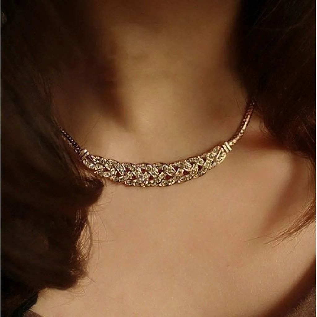 Gold and Crystal Braided Collar Necklace