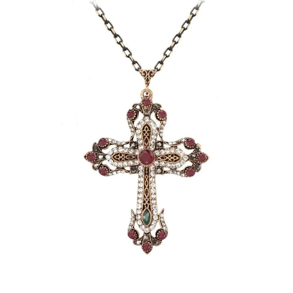 Gold Ornate Crystal Religious Cross Necklace