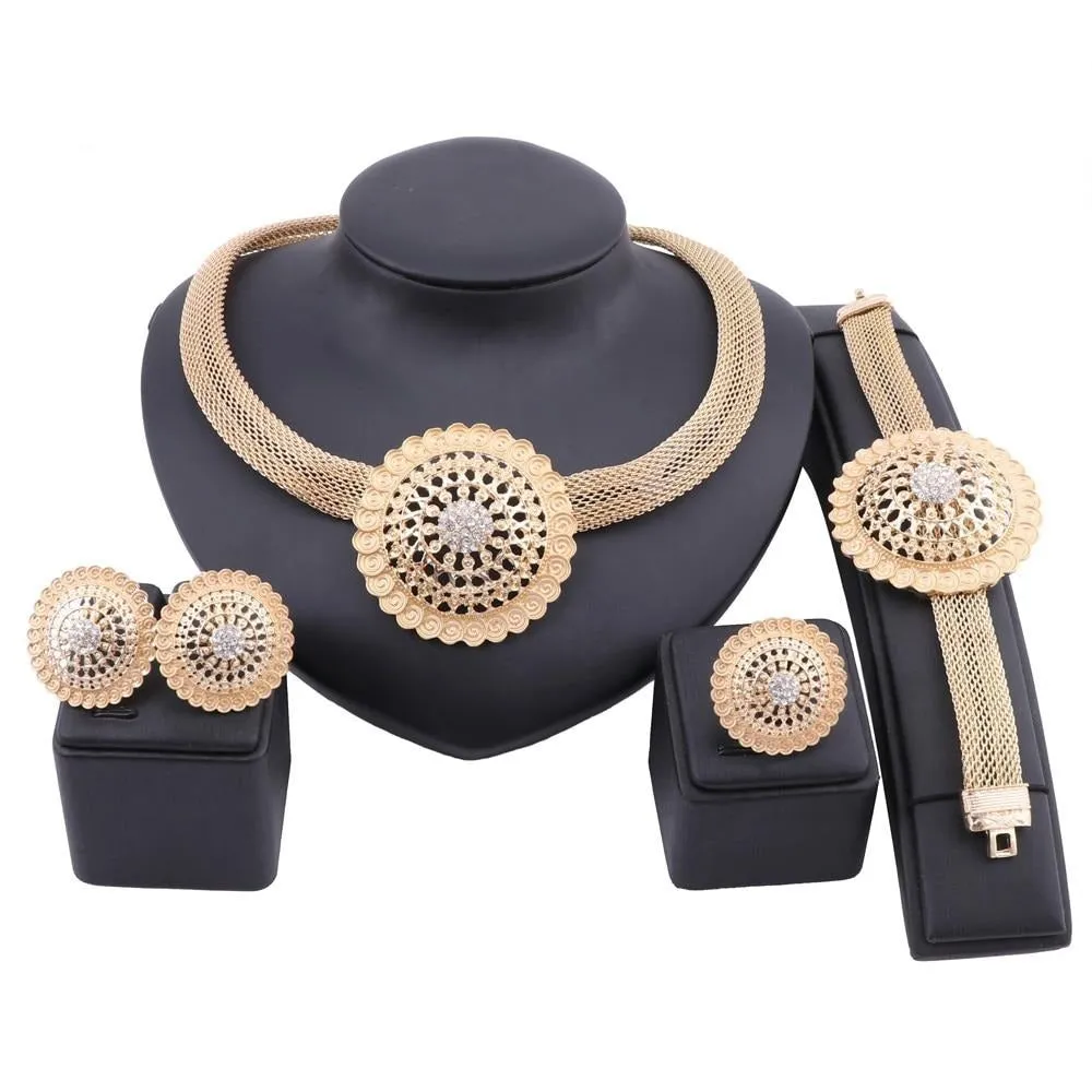 Gold-Plated Circular Steel with Crystals and Swirl Patterns Necklace, Bracelet, Earrings & Ring Wedding Jewelry Set