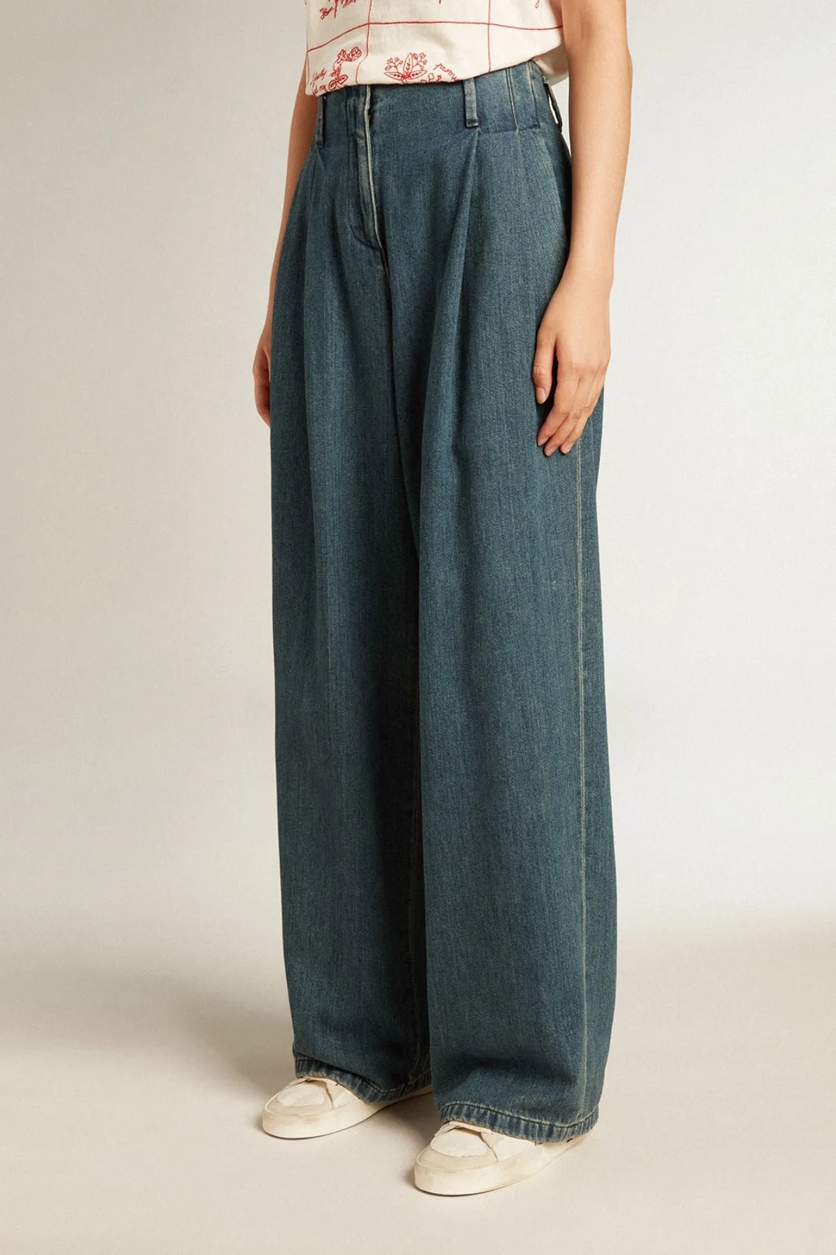 Golden Goose Pleated Wide Leg Jean - Medium Wash