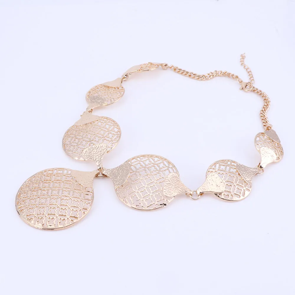 Gold/Silver-Plated Circle with Flower Patterns Necklace, Bracelet, Earrings & Ring Wedding Jewelry Set