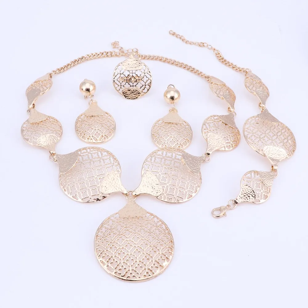 Gold/Silver-Plated Circle with Flower Patterns Necklace, Bracelet, Earrings & Ring Wedding Jewelry Set