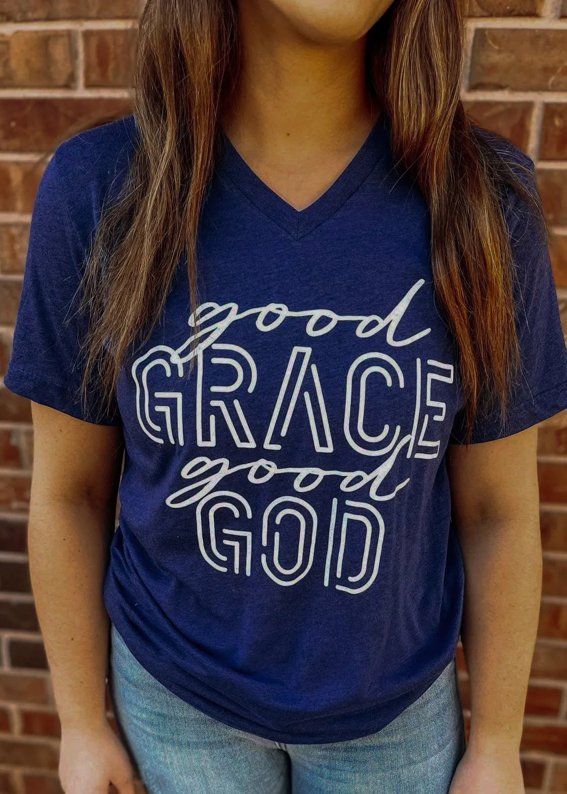 {GOOD GRACE, GOOD GOD} Heather Navy V-Neck Tee