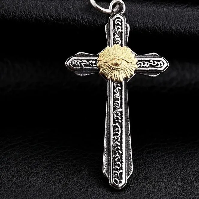 Gothic Two-tone Eye in Cross Pendant with Chain Necklace