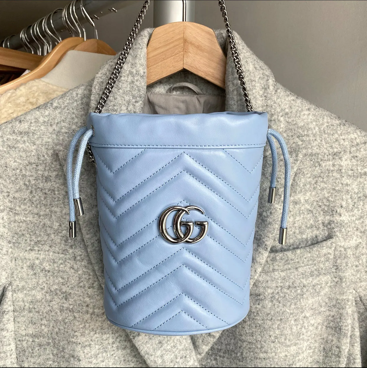 Gucci Light Blue Mini Marmont Bucket Crossbody Bag