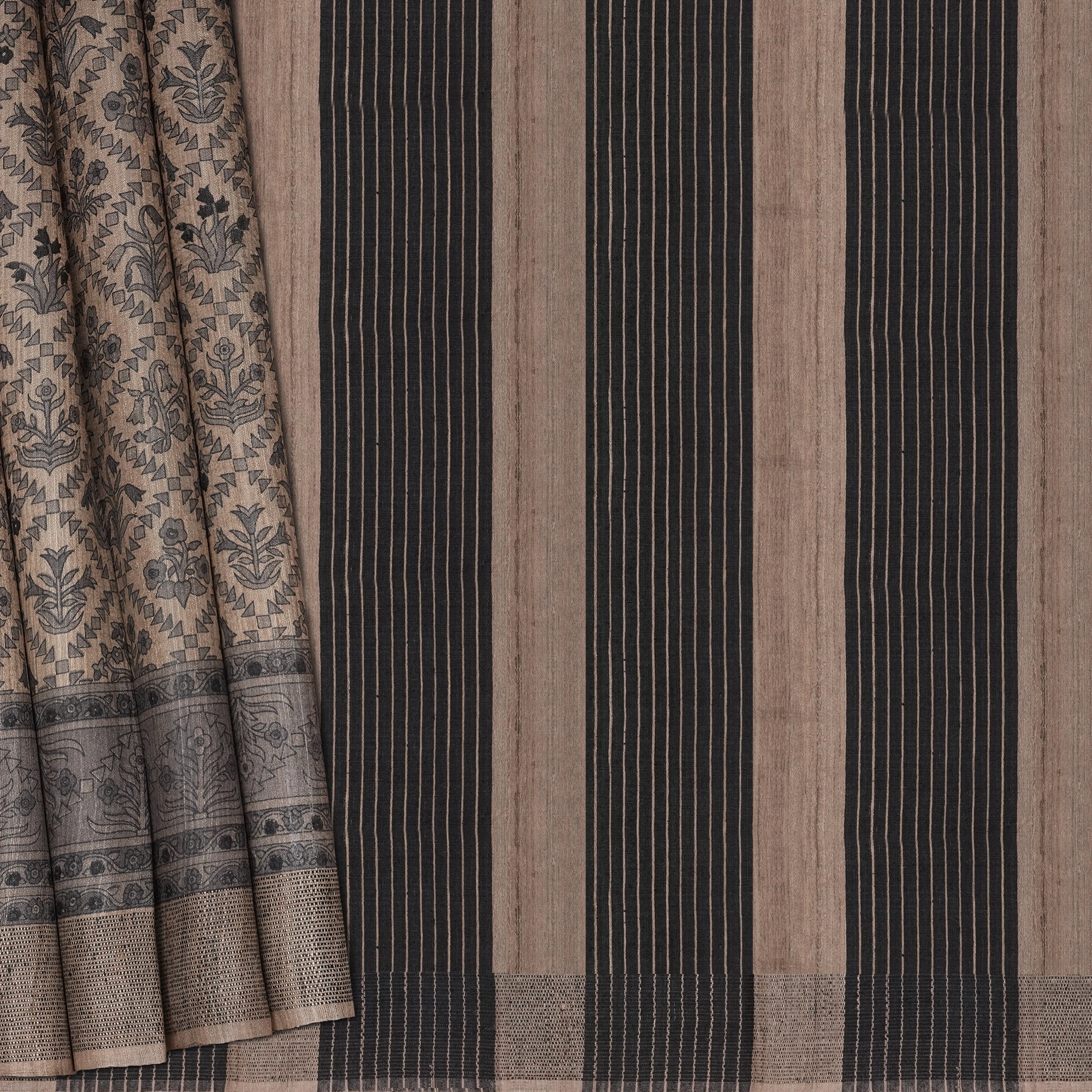 Handwoven Beige with Black Tussar Silk Saree - 2115T010646DSC