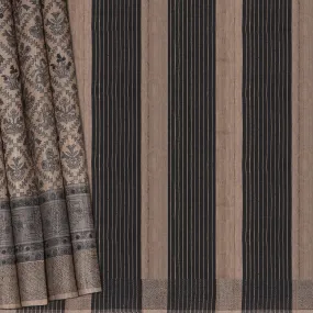 Handwoven Beige with Black Tussar Silk Saree - 2115T010646DSC