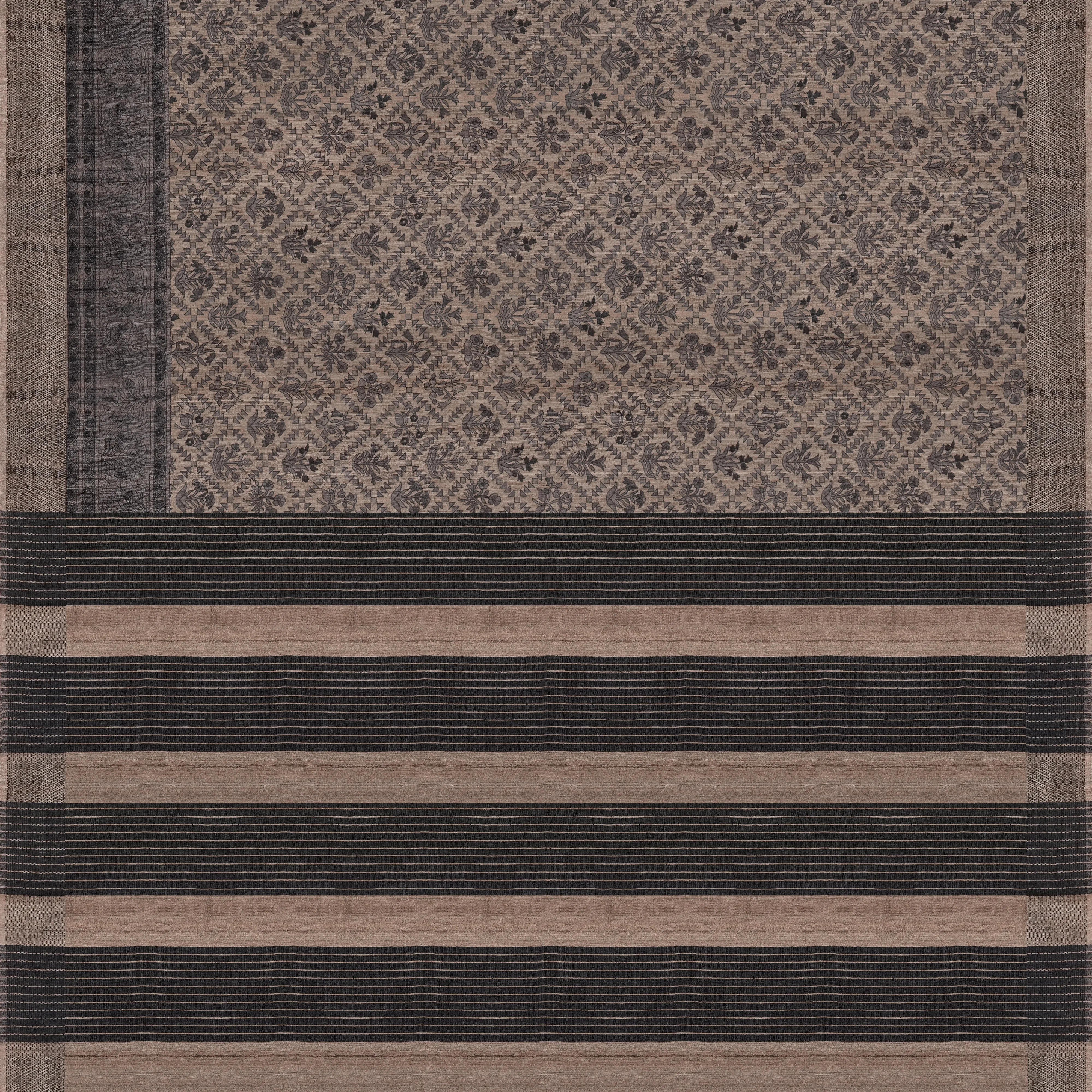 Handwoven Beige with Black Tussar Silk Saree - 2115T010646DSC