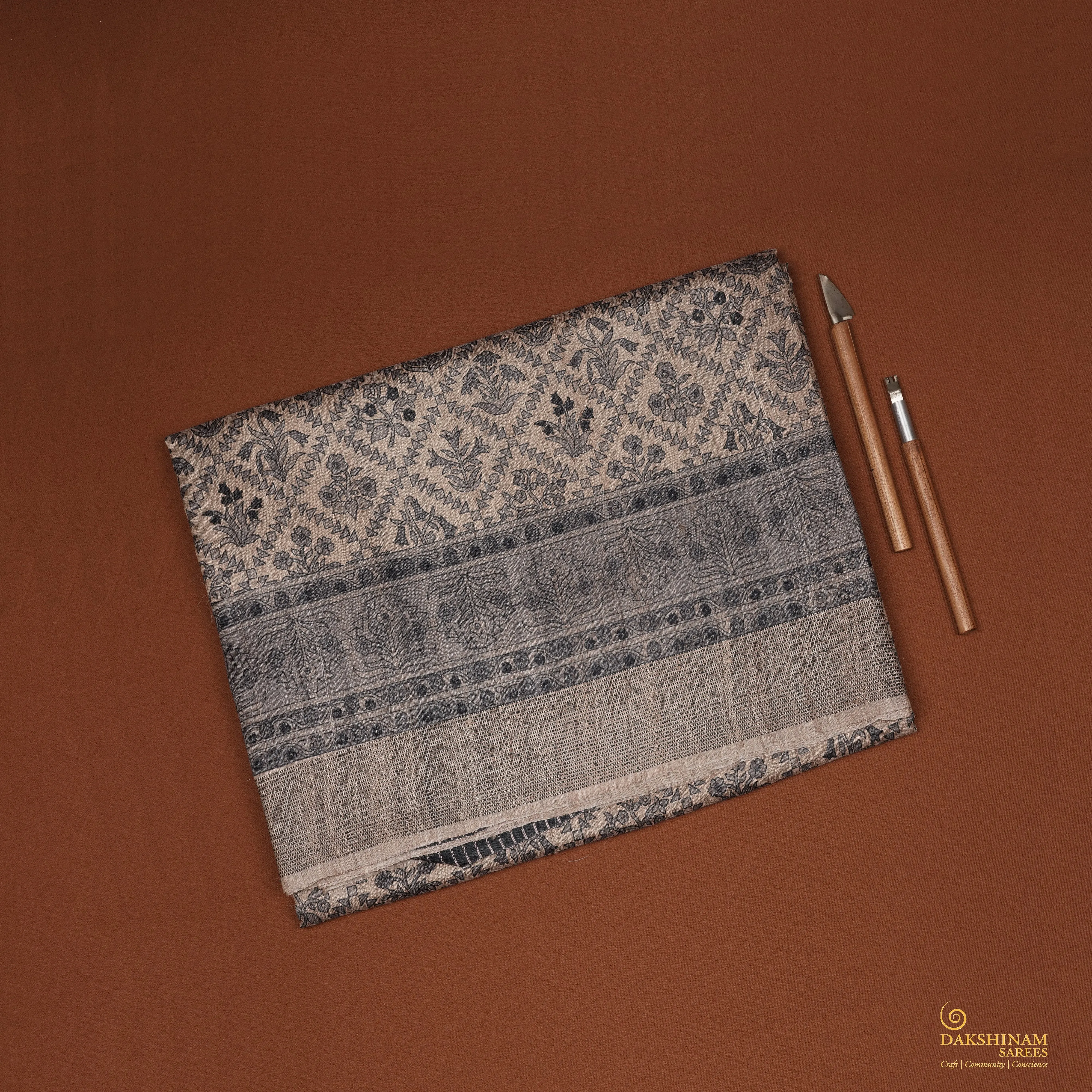 Handwoven Beige with Black Tussar Silk Saree - 2115T010646DSC