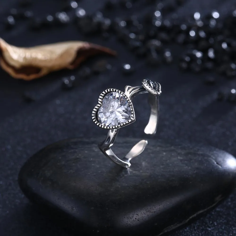 Heart-Shaped Cubic Zirconia 925 Sterling Silver Adjustable Ring