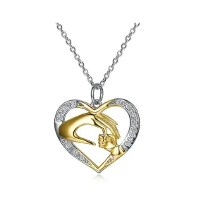 Heart-Shaped Mother and Child Cubic Zirconia 925 Sterling Silver Pendant Necklace