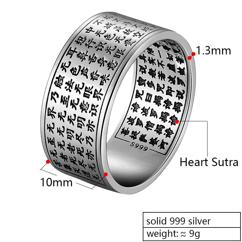 Heart Sutra Buddha Chinese Letters 999 Genuine Silver Engraved Vintage Ring