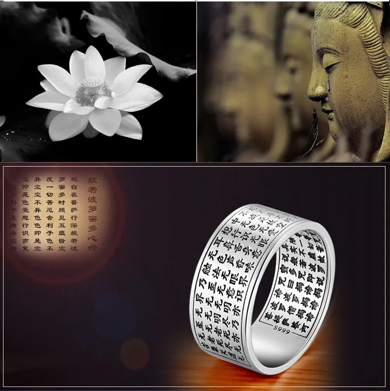 Heart Sutra Buddha Chinese Letters 999 Genuine Silver Engraved Vintage Ring