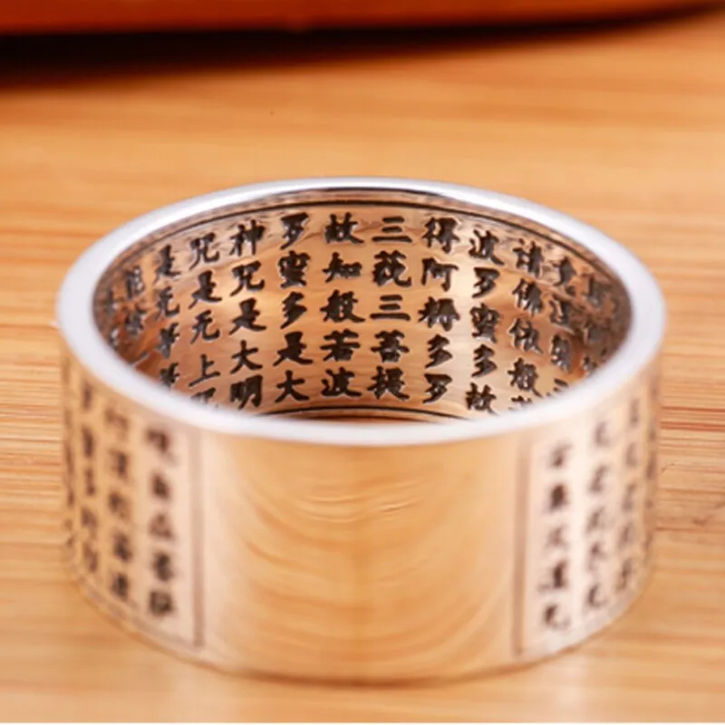 Heart Sutra Buddha Chinese Letters 999 Genuine Silver Engraved Vintage Ring