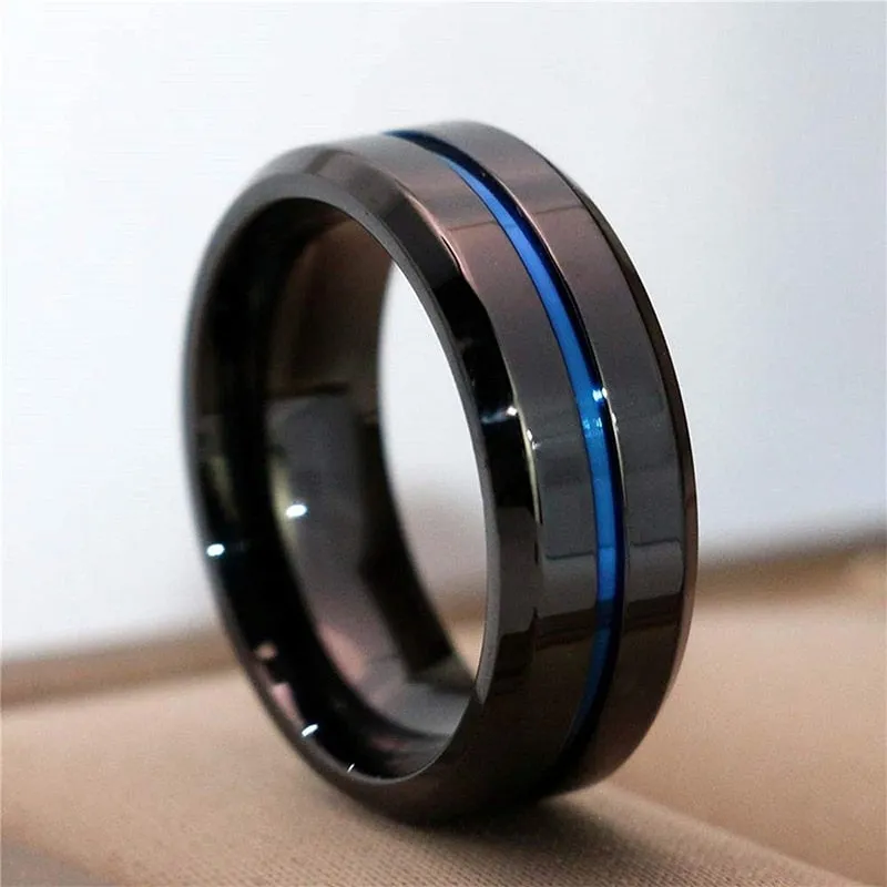 His & Hers Blue Inlay Black and Blue Cubic Zirconia Stainless Steel Wedding Bands