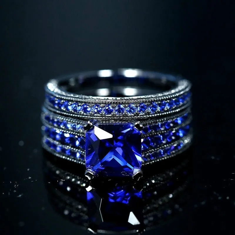 His & Hers Blue Inlay Black and Blue Cubic Zirconia Stainless Steel Wedding Bands