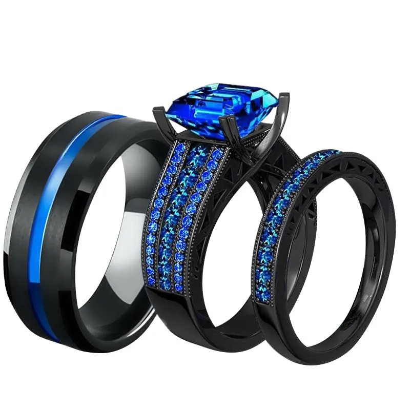 His & Hers Blue Inlay Black and Blue Cubic Zirconia Stainless Steel Wedding Bands