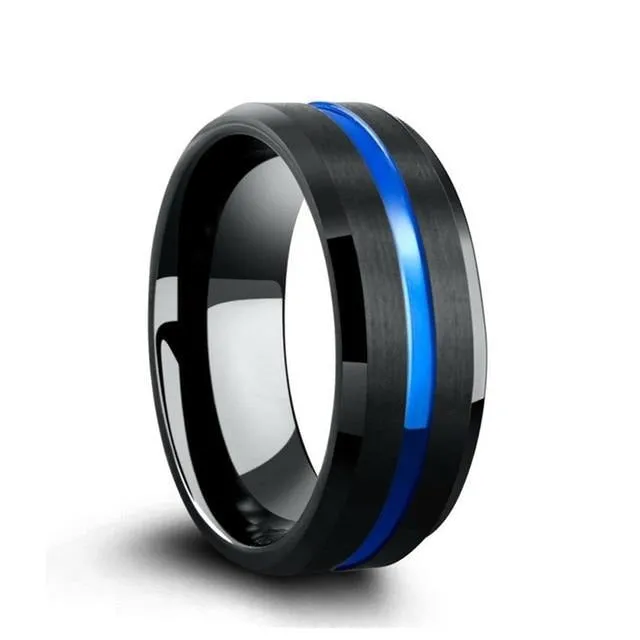 His & Hers Blue Inlay Black and Blue Cubic Zirconia Stainless Steel Wedding Bands