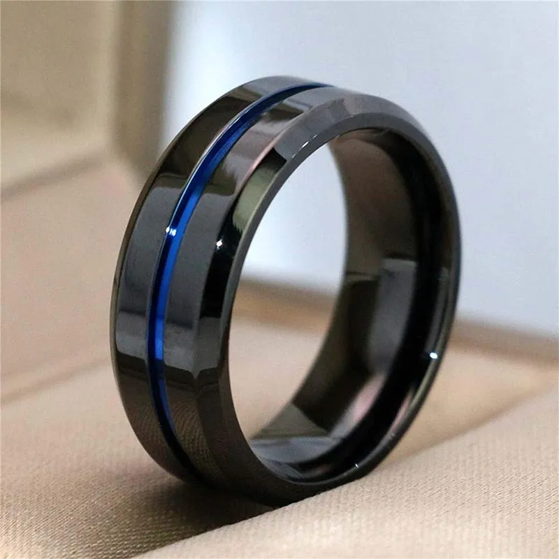 His & Hers Blue Inlay Black and Blue Cubic Zirconia Stainless Steel Wedding Bands