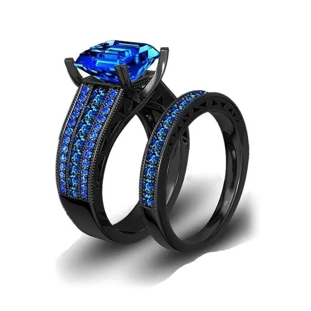 His & Hers Blue Inlay Black and Blue Cubic Zirconia Stainless Steel Wedding Bands