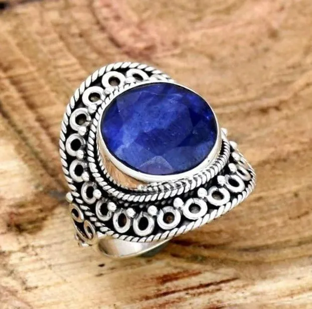 Indian Sapphire 925 Sterling Silver Ring, Handmade Filigree Jewelry,Gift For Her