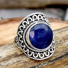 Indian Sapphire 925 Sterling Silver Ring, Handmade Filigree Jewelry,Gift For Her