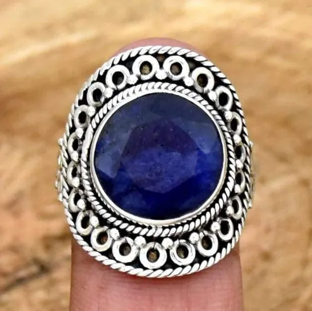 Indian Sapphire 925 Sterling Silver Ring, Handmade Filigree Jewelry,Gift For Her