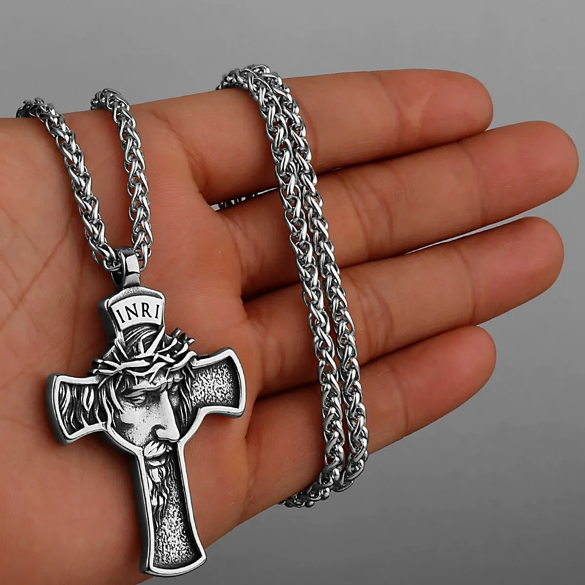 INRI Stainless Steel Jesus Cross 3D Pendant Necklace